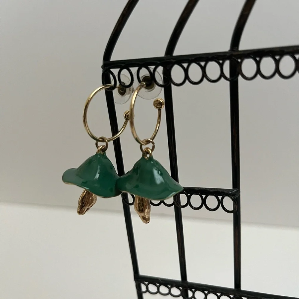 Green and gold mushroom earrings - Picture 1 of 2